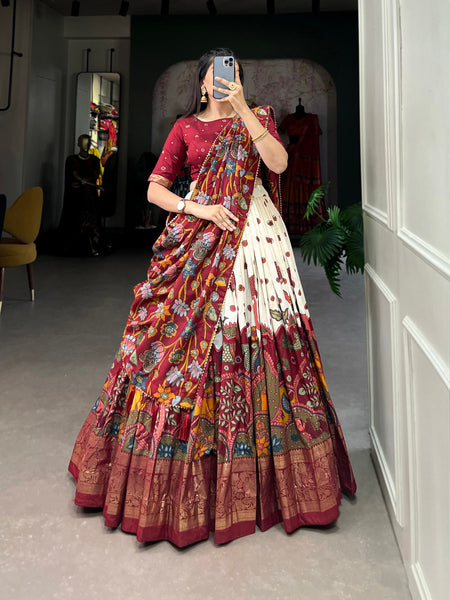 Malishka Womens White Dola Silk With Foil Print Lehenga Choli Set