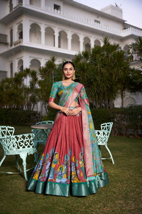 Malishka Womens Red Dola Silk With Jacquard Lehenga Choli Set
