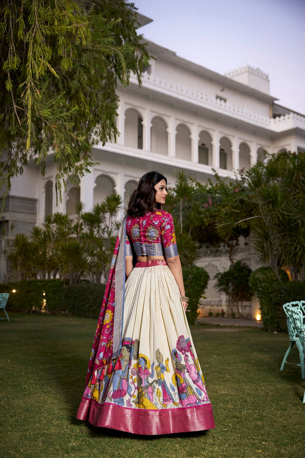 Malishka Womens White Dola Silk With Jacquard Lehenga Choli Set