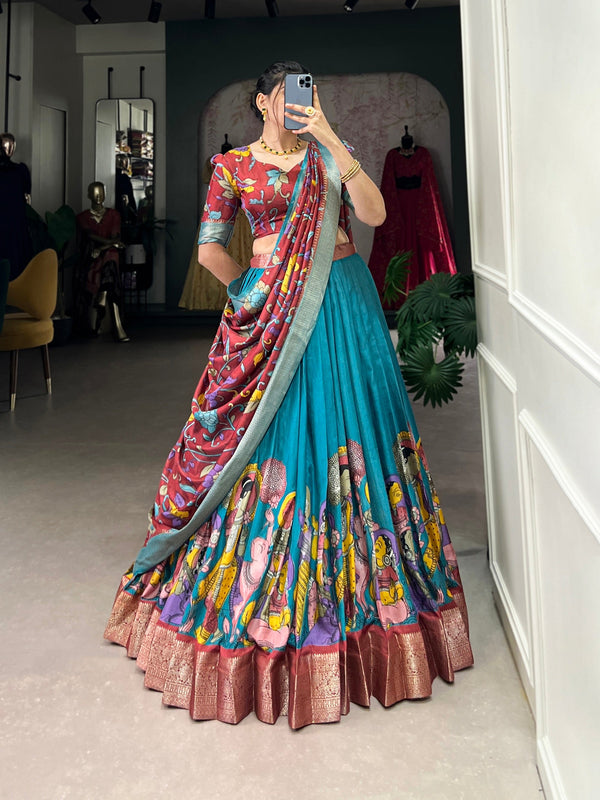 Malishka Womens Firozi Dola Silk With Jacquard Lehenga Choli Set