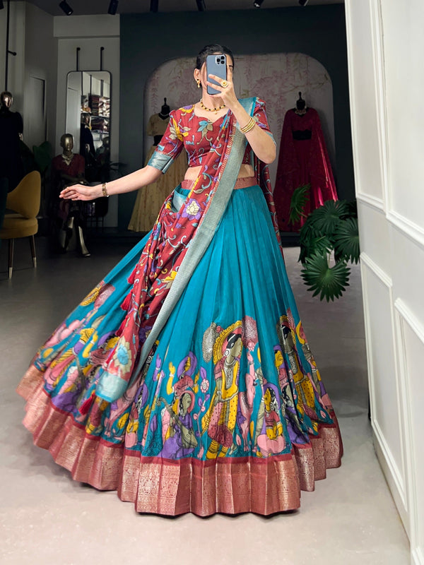 Malishka Womens Firozi Dola Silk With Jacquard Lehenga Choli Set