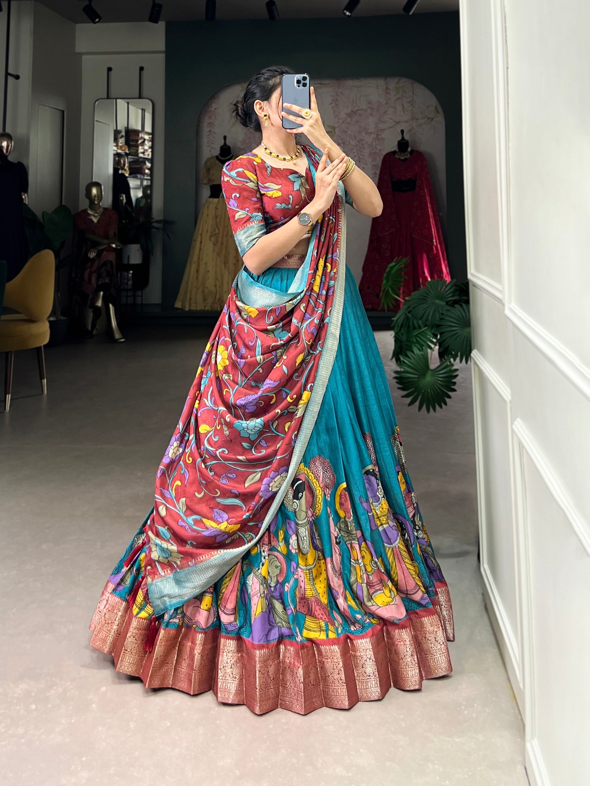 Malishka Womens Firozi Dola Silk With Jacquard Lehenga Choli Set