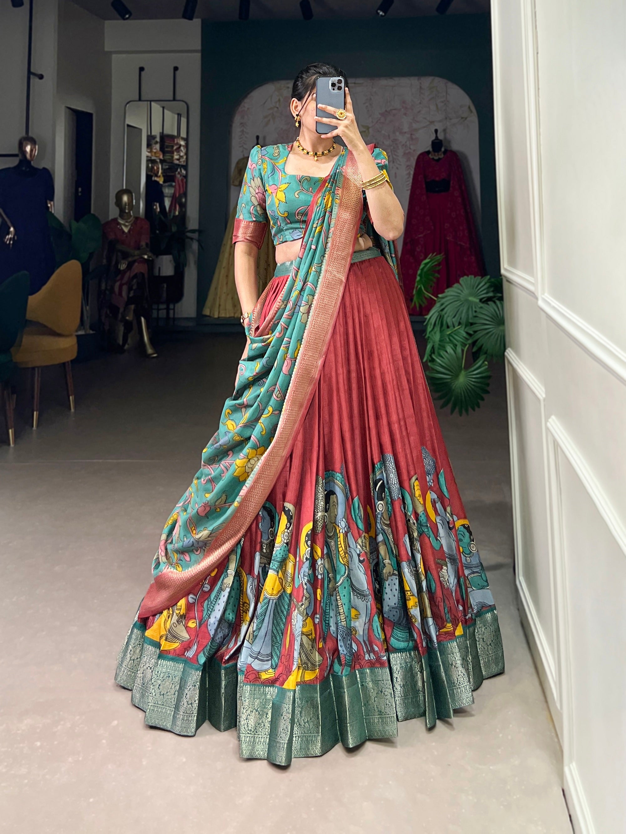 Malishka Womens Red Dola Silk With Jacquard Lehenga Choli Set