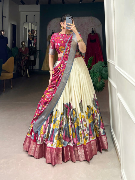 Malishka Womens White Dola Silk With Jacquard Lehenga Choli Set