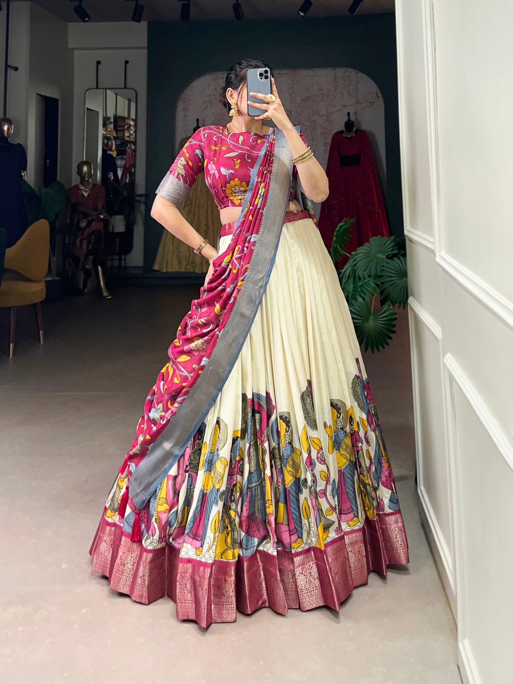 Malishka Womens White Dola Silk With Jacquard Lehenga Choli Set