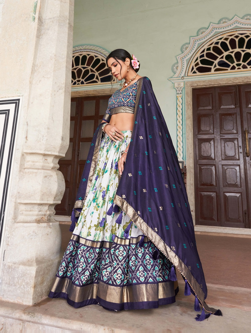 Malishka Womens Navy Blue Dola Silk With Foil Print Lehenga Choli Set