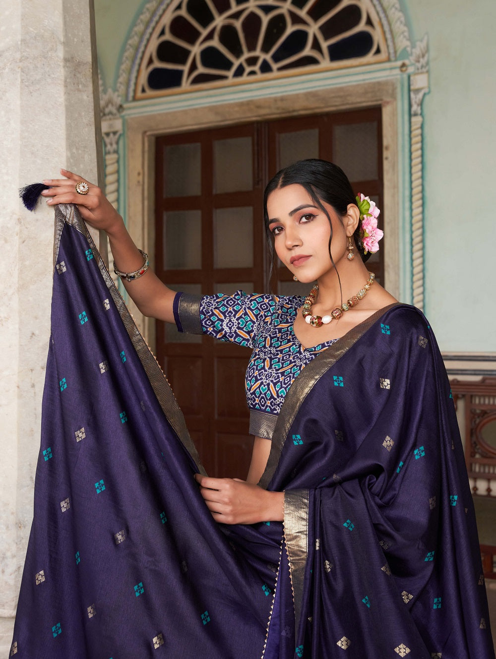 Malishka Womens Navy Blue Dola Silk With Foil Print Lehenga Choli Set