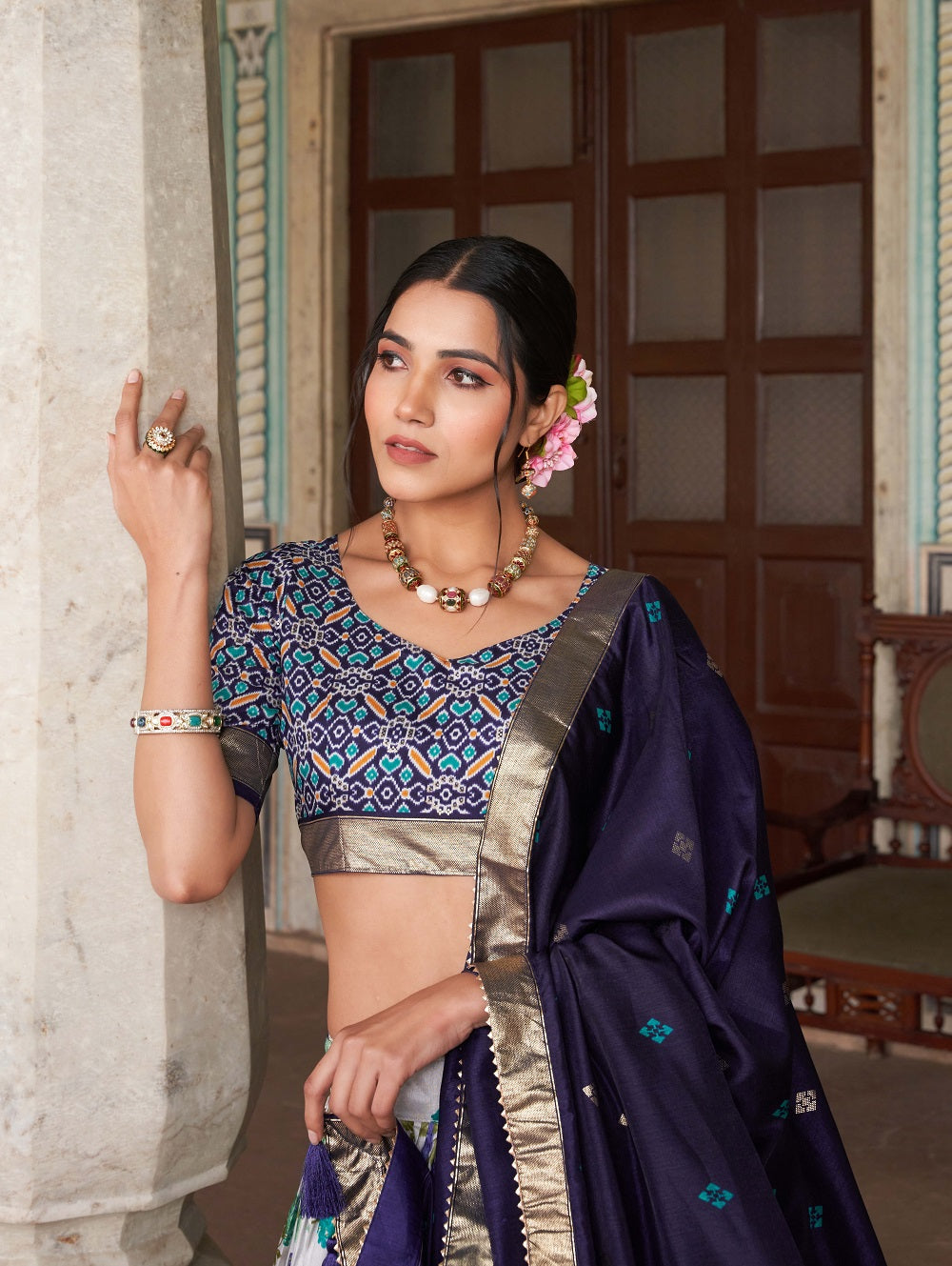 Malishka Womens Navy Blue Dola Silk With Foil Print Lehenga Choli Set