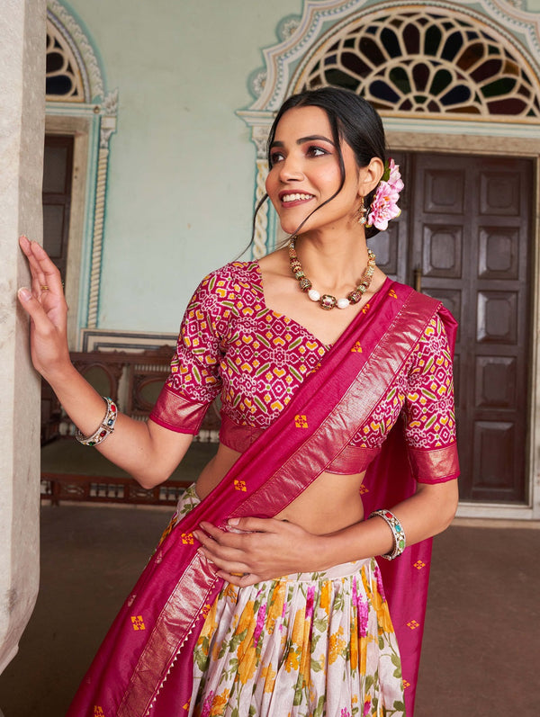 Malishka Womens Pink Dola Silk With Foil Print Lehenga Choli Set