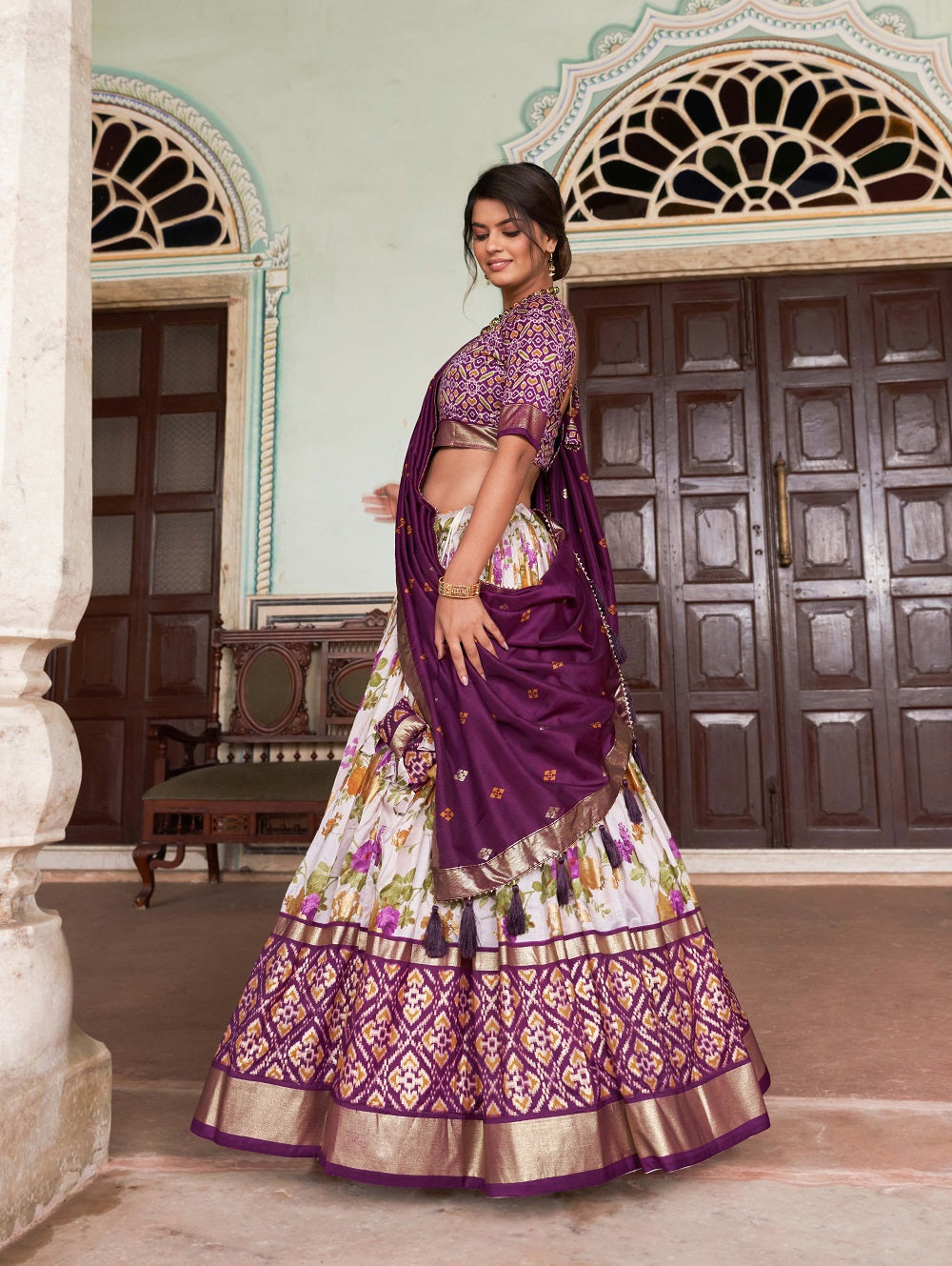 Malishka Womens Wine Dola Silk With Foil Print Lehenga Choli Set