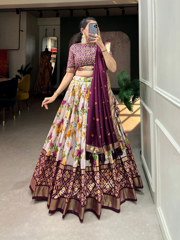 Malishka Womens Wine Dola Silk With Foil Print Lehenga Choli Set