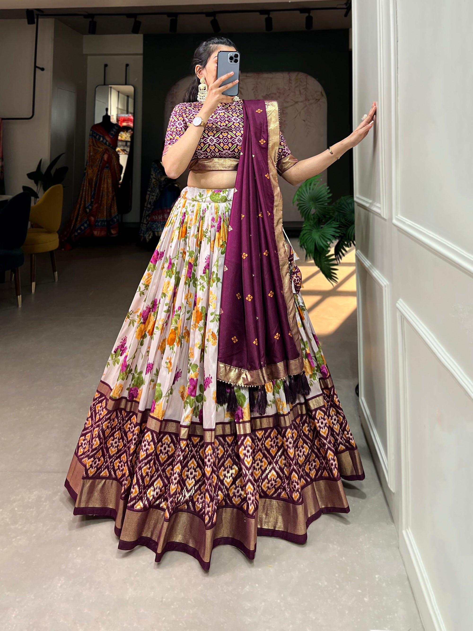 Malishka Womens Wine Dola Silk With Foil Print Lehenga Choli Set