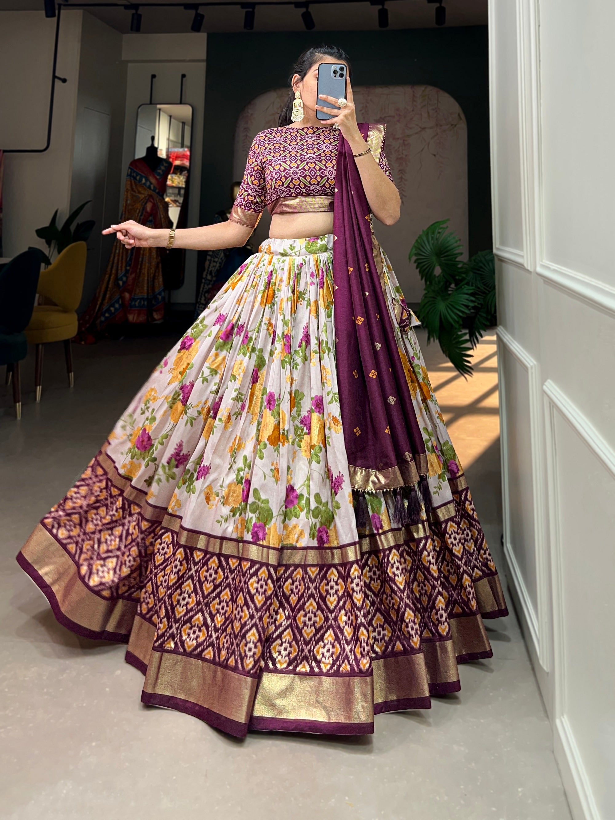 Malishka Womens Wine Dola Silk With Foil Print Lehenga Choli Set