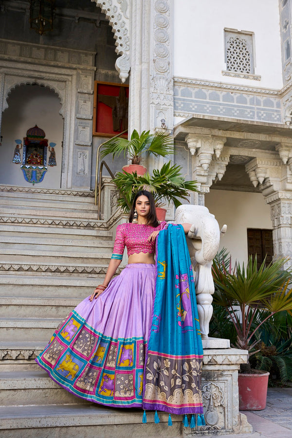 Malishka Womens Lavender Dola Silk With Foil Print Lehenga Choli Set