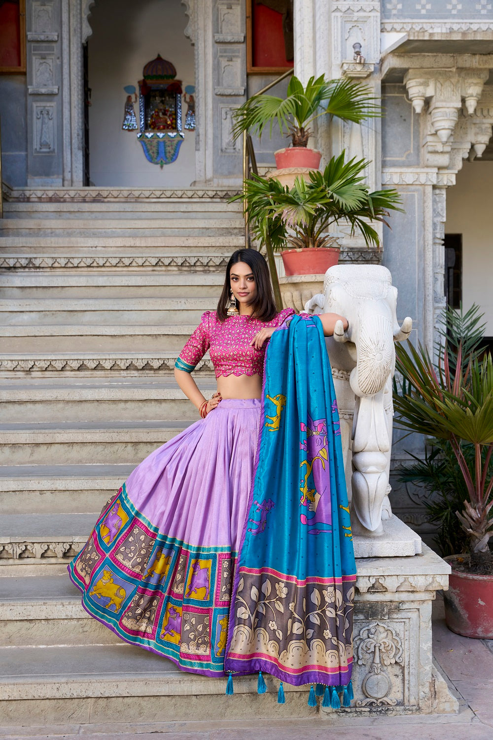 Malishka Womens Lavender Dola Silk With Foil Print Lehenga Choli Set