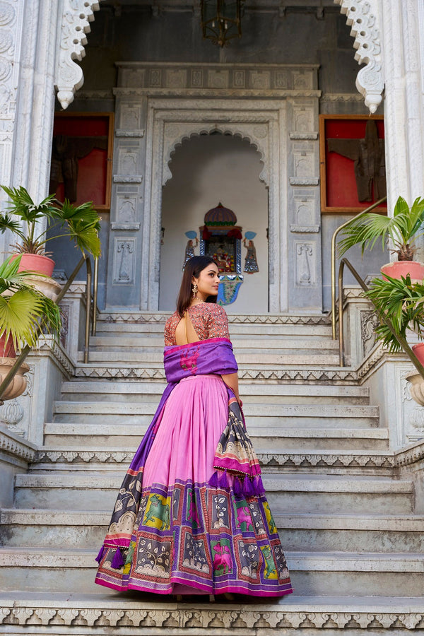 Malishka Womens Peach Dola Silk With Foil Print Lehenga Choli Set