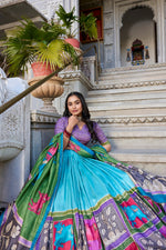 Thumbnail for Malishka Womens Sky Blue Dola Silk With Foil Print Lehenga Choli Set
