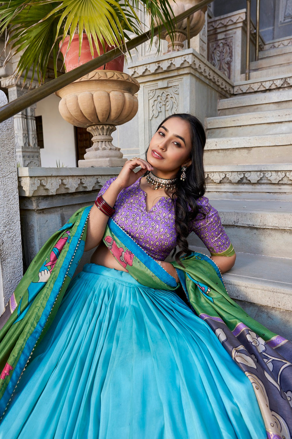 Malishka Womens Sky Blue Dola Silk With Foil Print Lehenga Choli Set