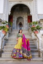 Thumbnail for Malishka Womens Yellow Dola Silk With Foil Print Lehenga Choli Set