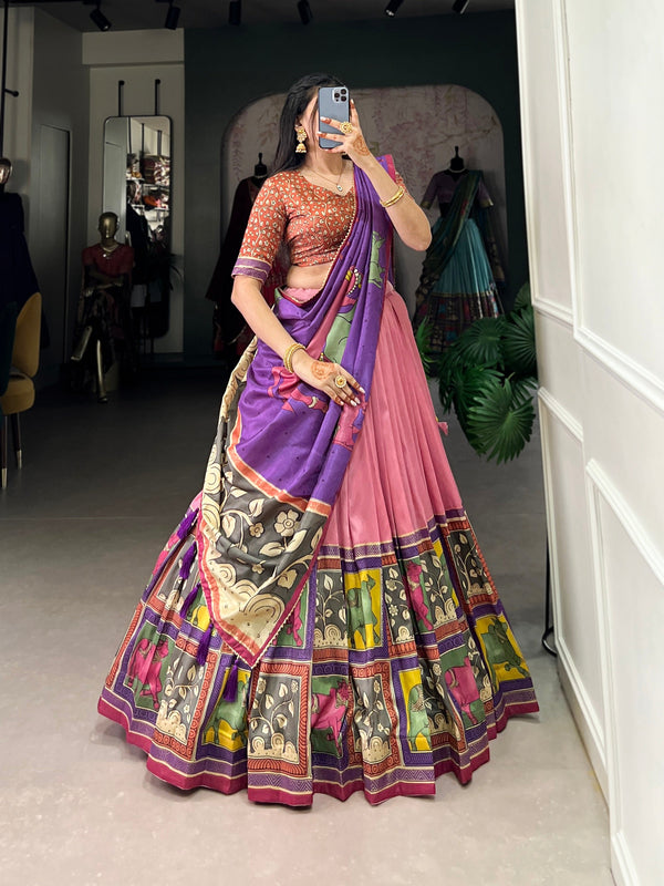 Malishka Womens Peach Dola Silk With Foil Print Lehenga Choli Set