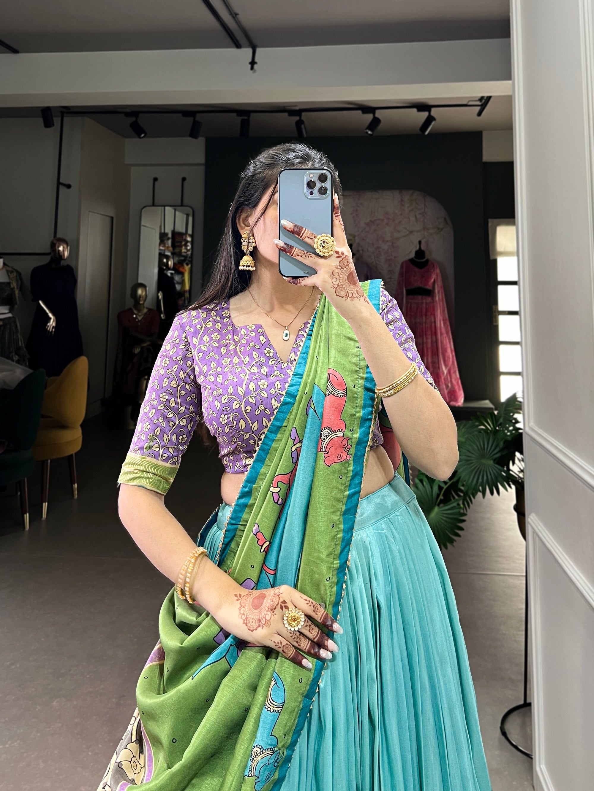 Malishka Womens Sky Blue Dola Silk With Foil Print Lehenga Choli Set