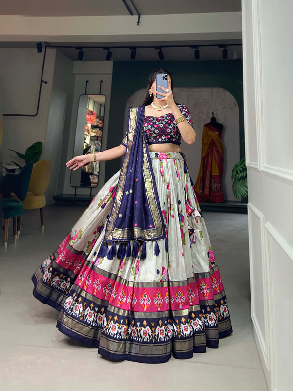 Malishka Womens Navy Blue Dola Silk With Foil Print Lehenga Choli Set