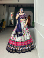 Thumbnail for Malishka Womens Navy Blue Dola Silk With Foil Print Lehenga Choli Set