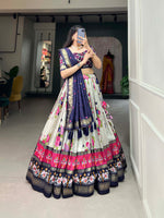 Thumbnail for Malishka Womens Navy Blue Dola Silk With Foil Print Lehenga Choli Set