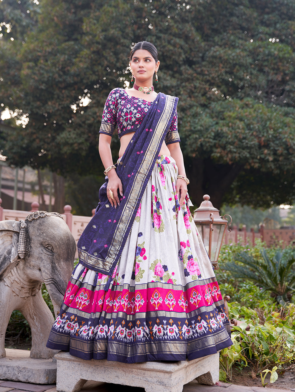 Malishka Womens Navy Blue Dola Silk With Foil Print Lehenga Choli Set