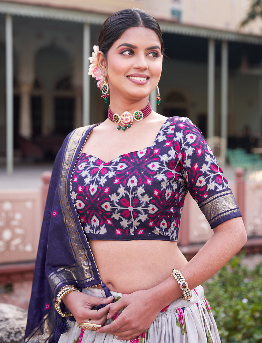 Malishka Womens Navy Blue Dola Silk With Foil Print Lehenga Choli Set