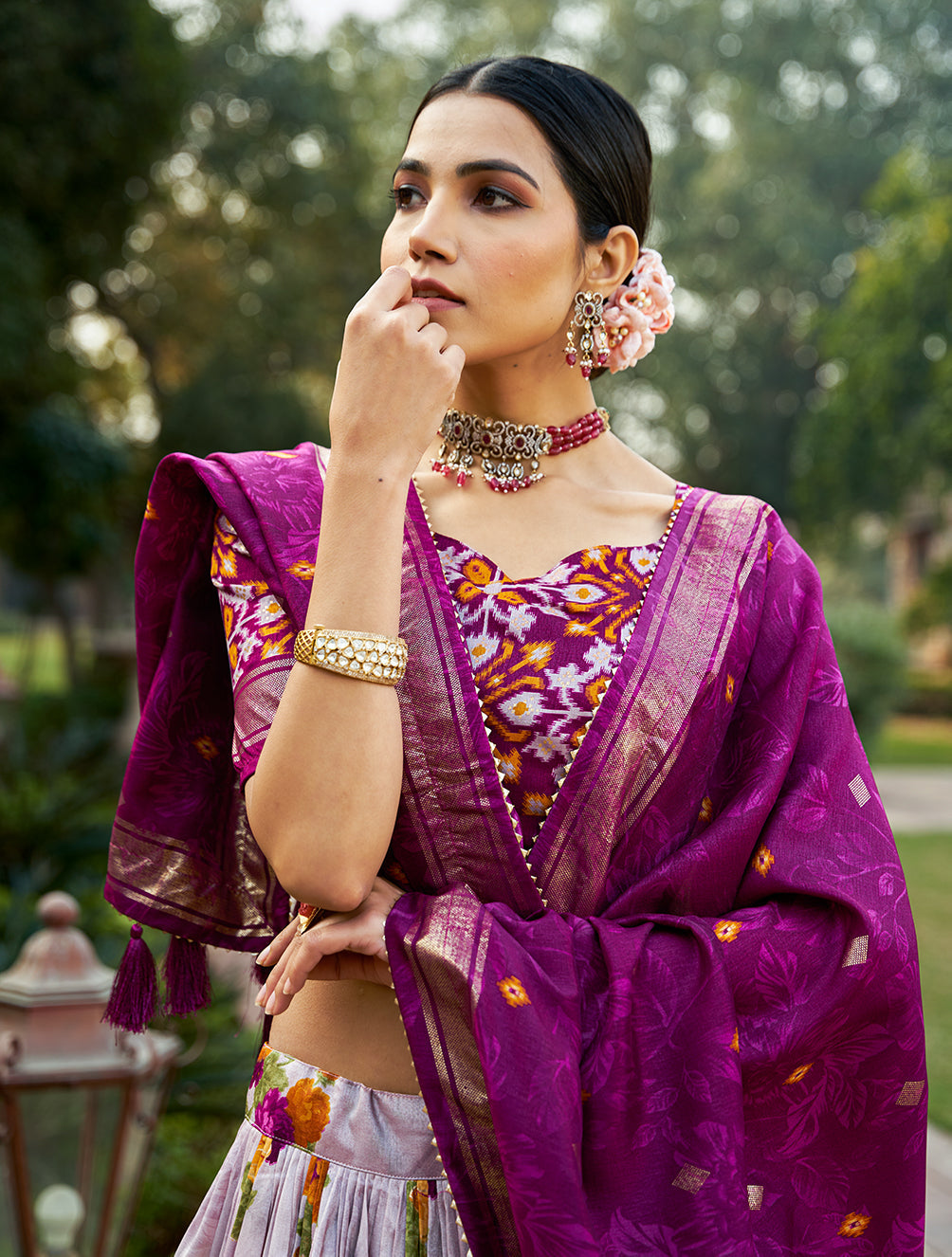 Malishka Womens Purple Dola Silk With Foil Print Lehenga Choli Set