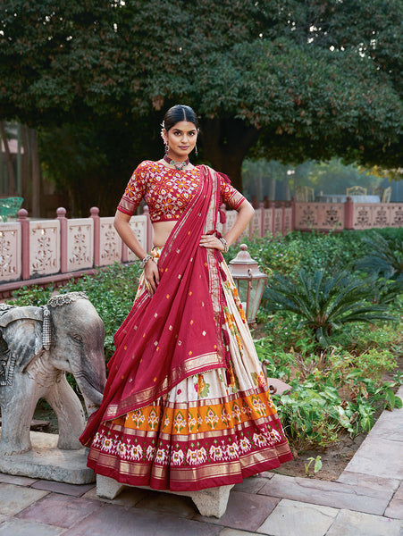 Malishka Womens Red Dola Silk With Foil Print Lehenga Choli Set