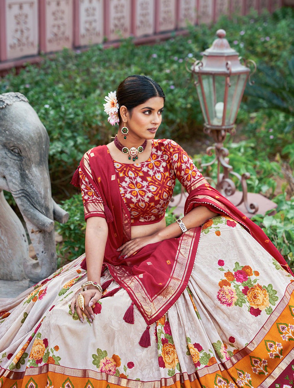 Malishka Womens Red Dola Silk With Foil Print Lehenga Choli Set