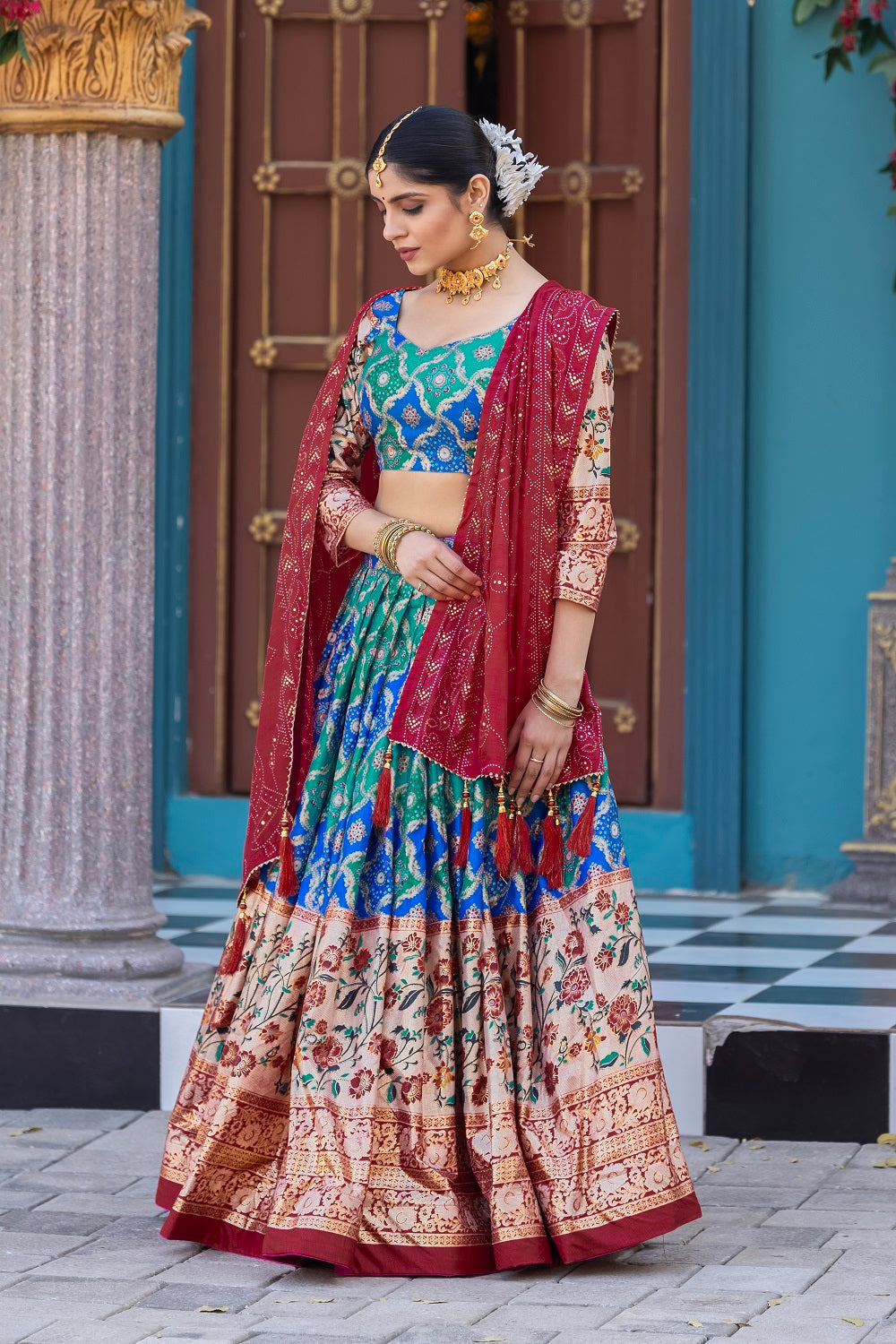 Malishka Womens Blue Dola Silk With Foil Print Lehenga Choli Set