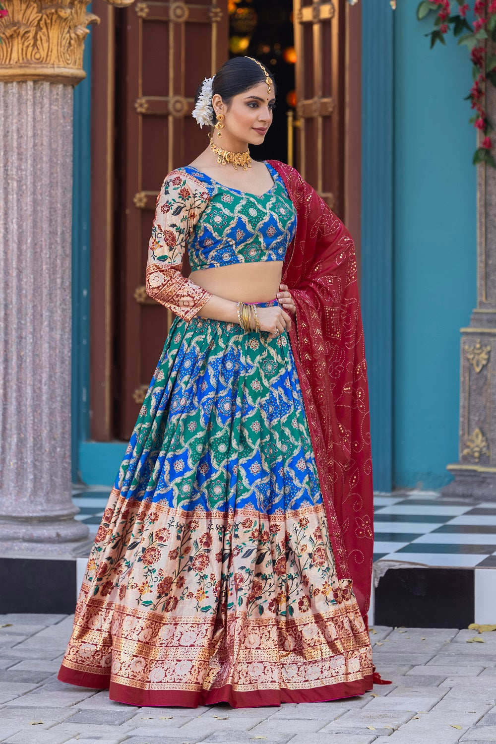 Malishka Womens Blue Dola Silk With Foil Print Lehenga Choli Set