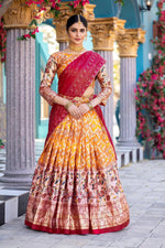 Thumbnail for Malishka Womens Orange Dola Silk With Foil Print Lehenga Choli Set