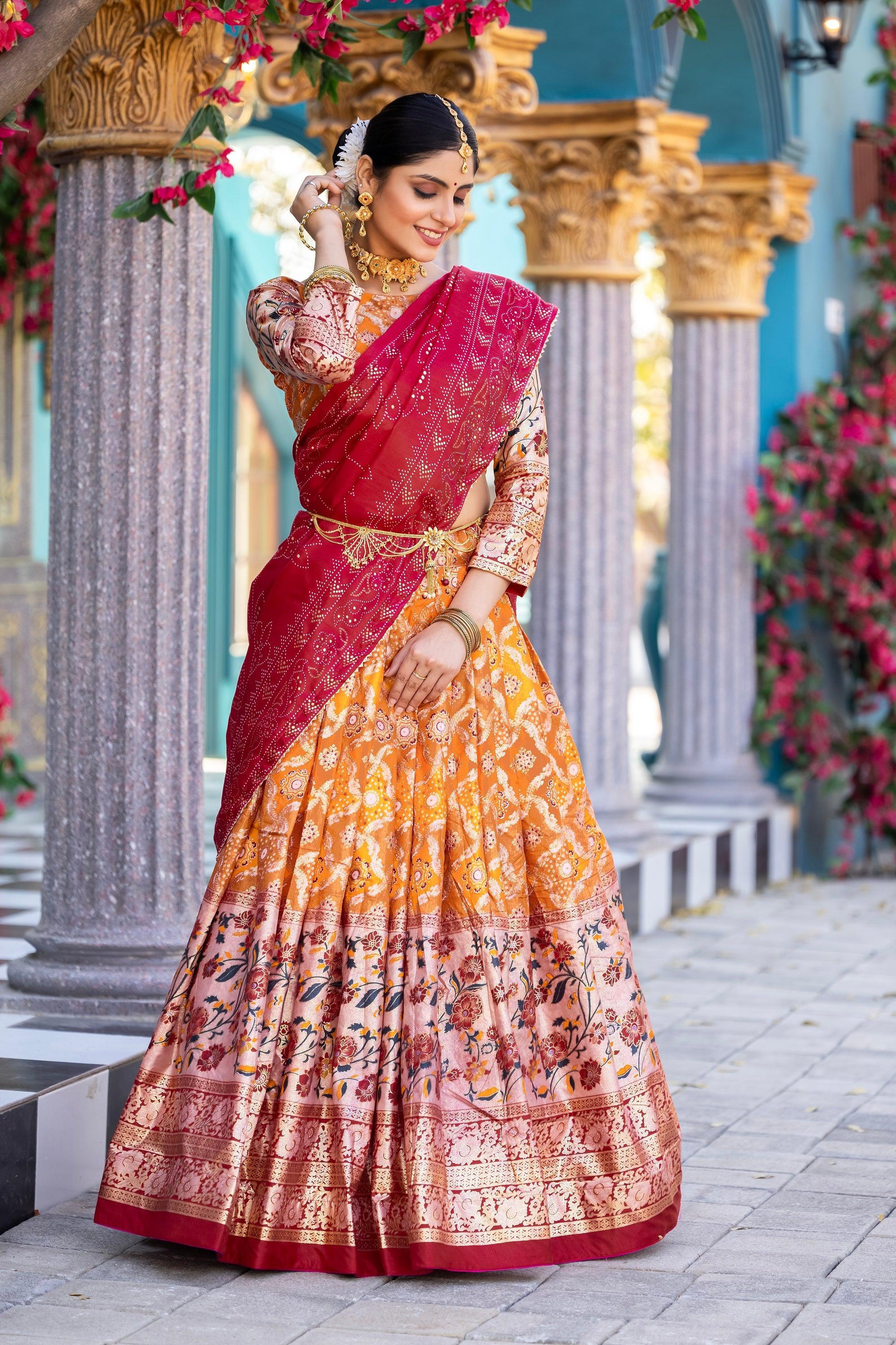 Malishka Womens Orange Dola Silk With Foil Print Lehenga Choli Set
