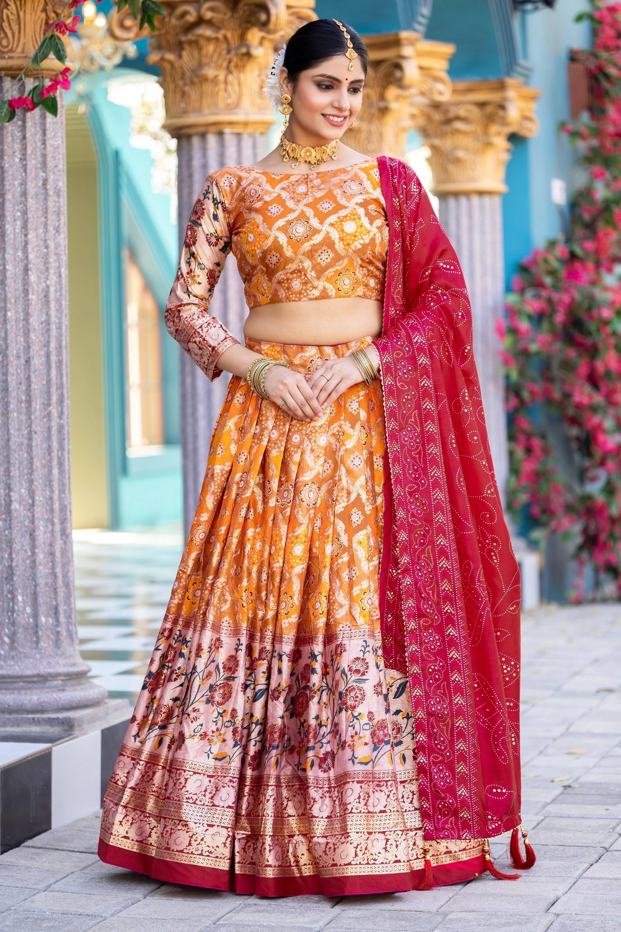Malishka Womens Orange Dola Silk With Foil Print Lehenga Choli Set