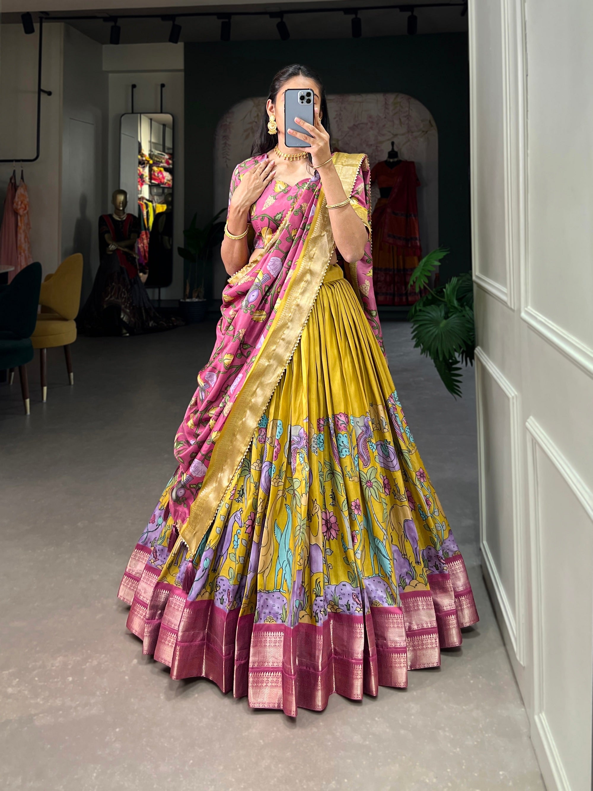 Malishka Womens Yellow Dola Silk With Jacquard Lehenga Choli Set