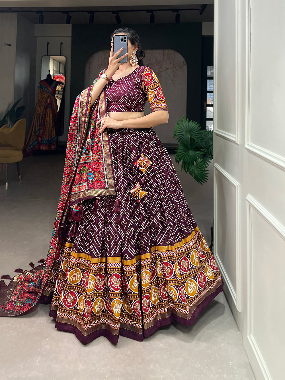 Malishka Womens Wine Dola Silk With Foil Print Lehenga Choli Set
