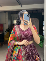 Thumbnail for Malishka Womens Wine Dola Silk With Foil Print Lehenga Choli Set