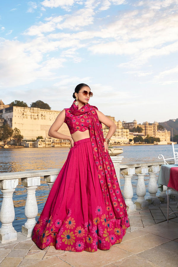 Malishka Womens Pink Dola Silk With Foil Print Lehenga Choli Set
