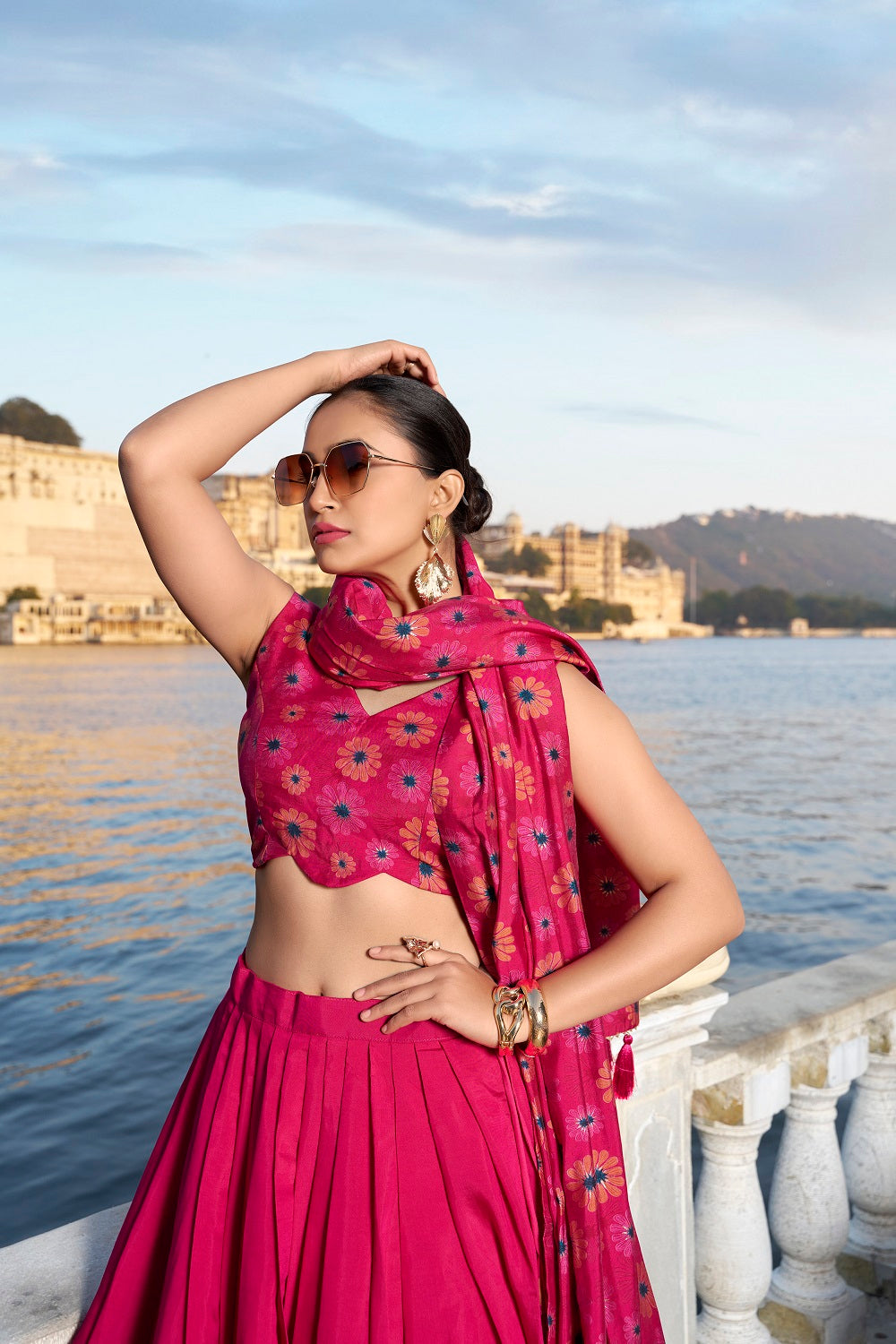 Malishka Womens Pink Dola Silk With Foil Print Lehenga Choli Set