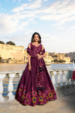Thumbnail for Malishka Womens Wine Dola Silk With Foil Print Lehenga Choli Set