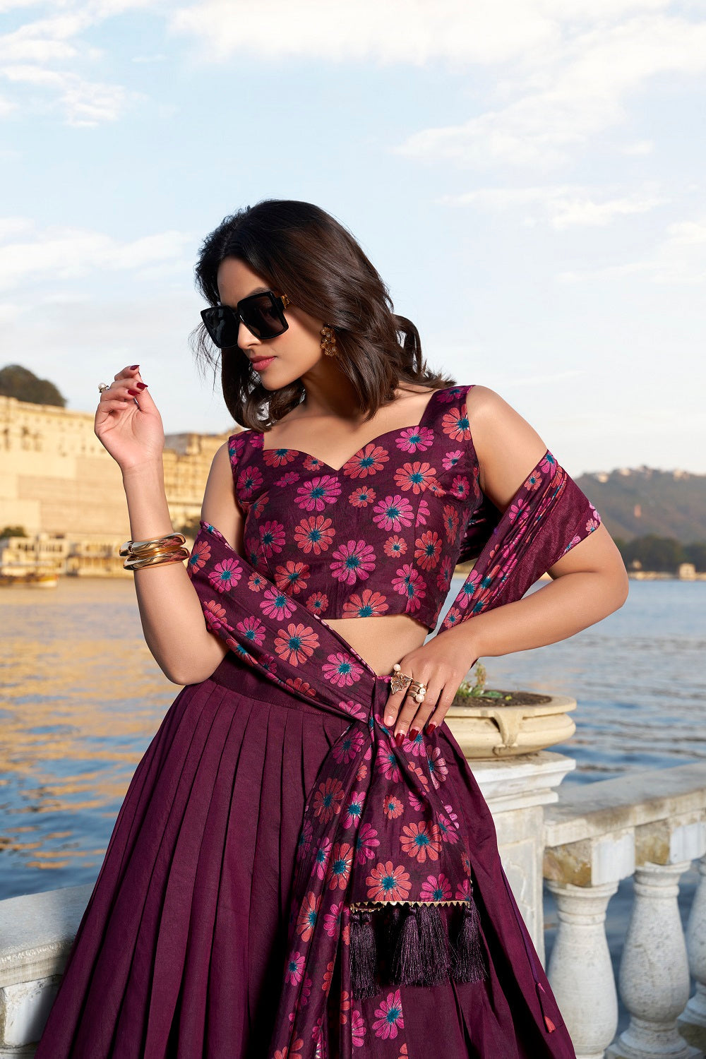 Malishka Womens Wine Dola Silk With Foil Print Lehenga Choli Set