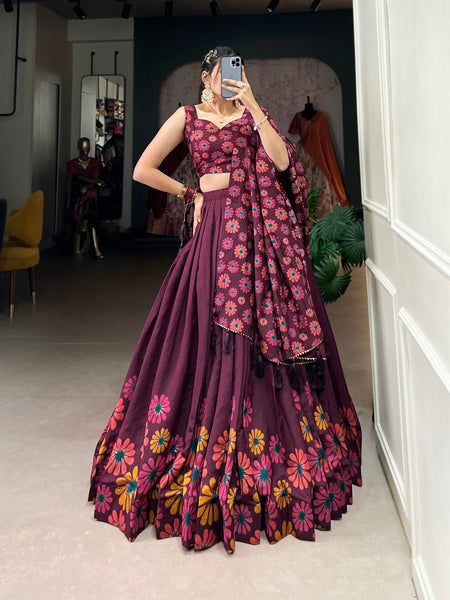 Malishka Womens Wine Dola Silk With Foil Print Lehenga Choli Set