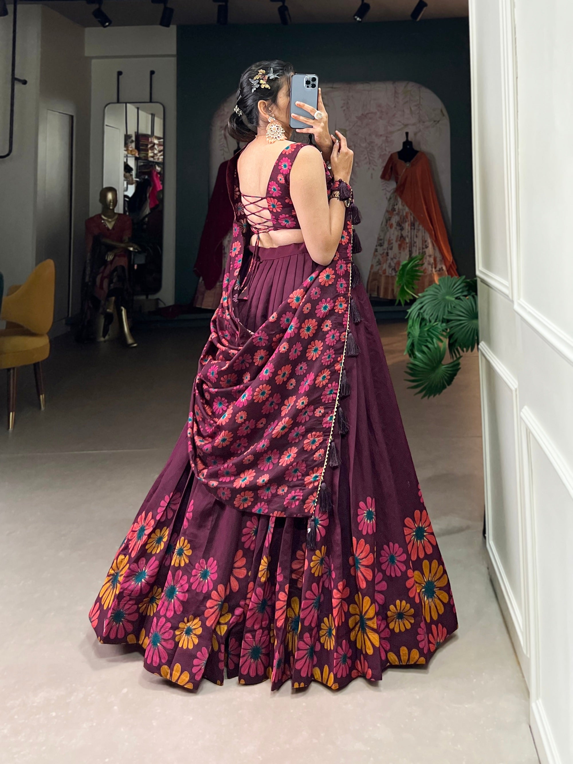 Malishka Womens Wine Dola Silk With Foil Print Lehenga Choli Set