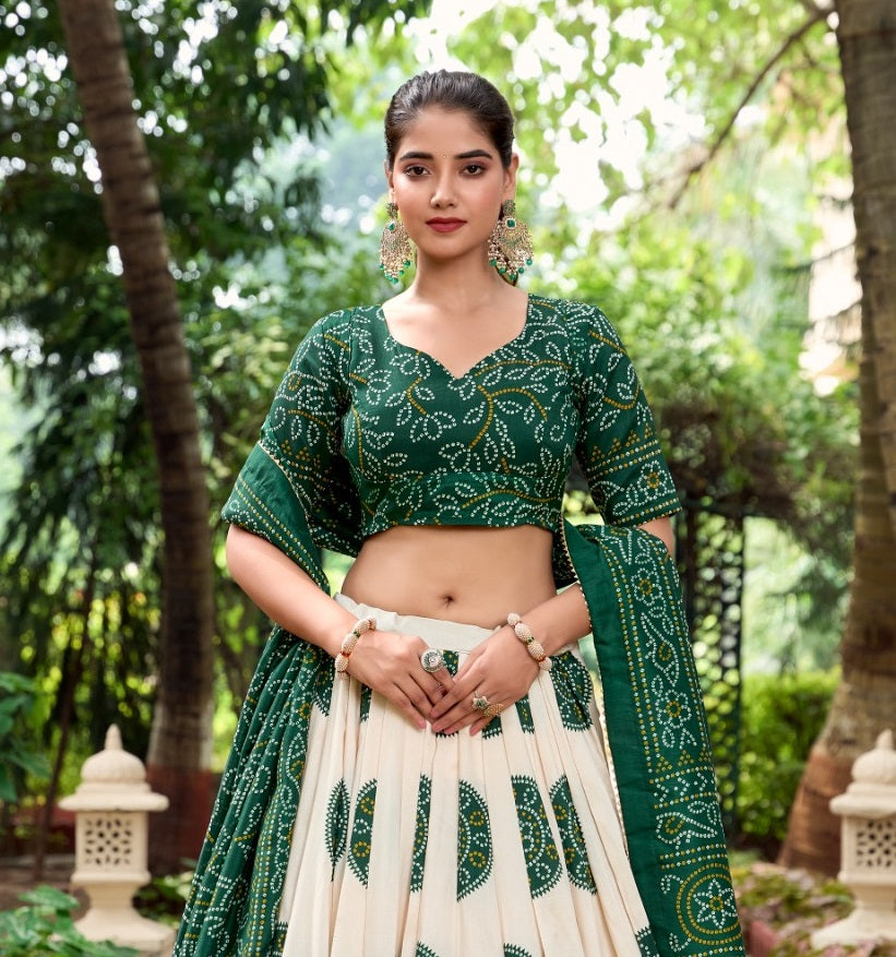Malishka Womens Green Dola Silk With Foil Print Lehenga Choli Set