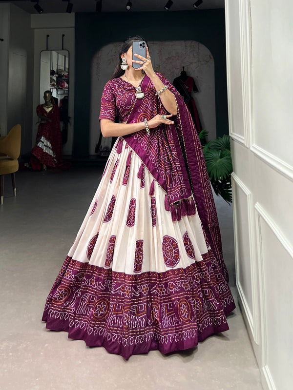Malishka Womens Wine Dola Silk With Foil Print Lehenga Choli Set
