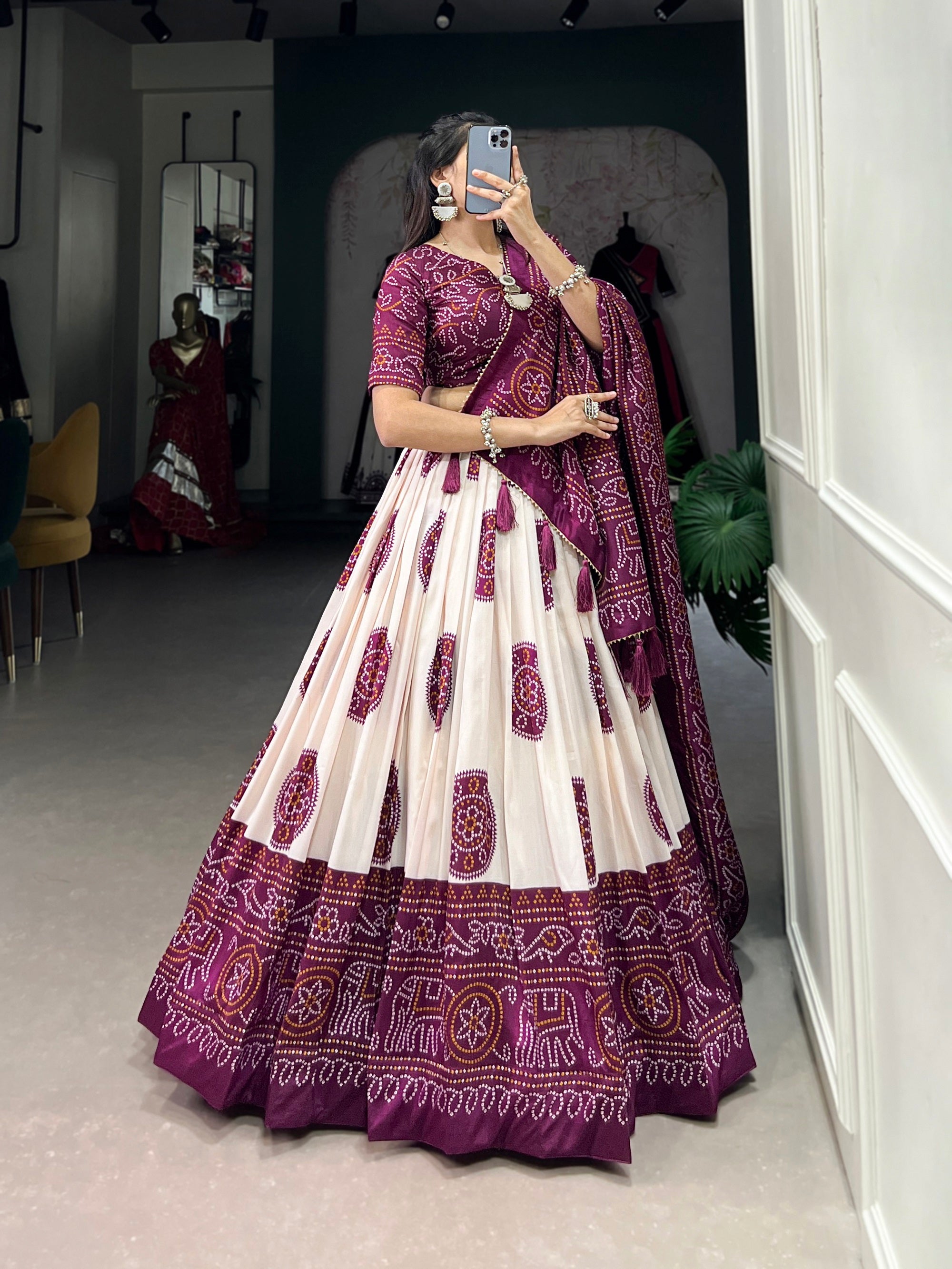 Malishka Womens Wine Dola Silk With Foil Print Lehenga Choli Set